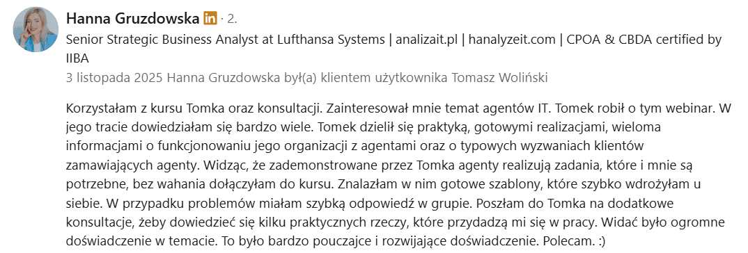 Opinia o szkoleniu z agentów AI