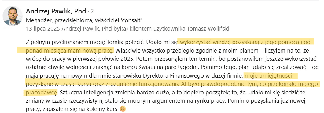Opinia Andrzeja o szkoleniu z agentów AI
