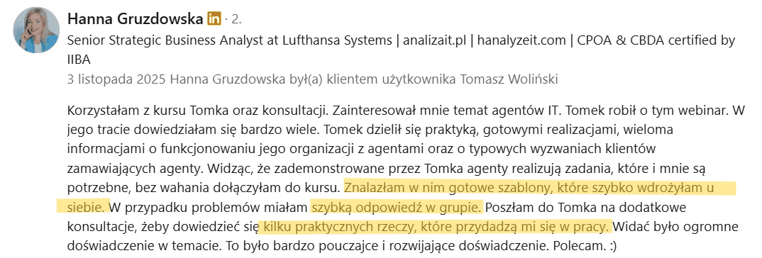 Opinia Hanny o szkoleniu z agentów AI
