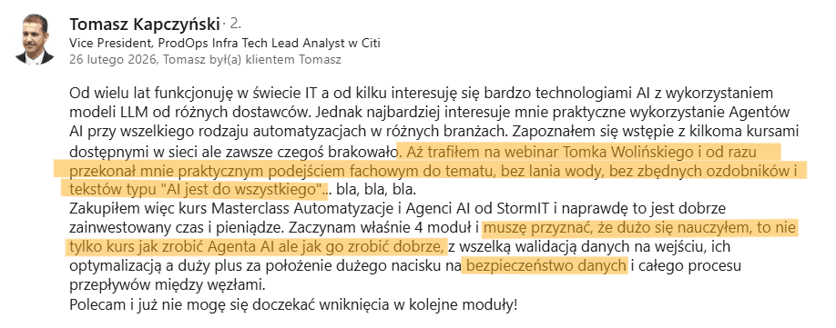 Opinia Tomasza o szkoleniu z agentów AI