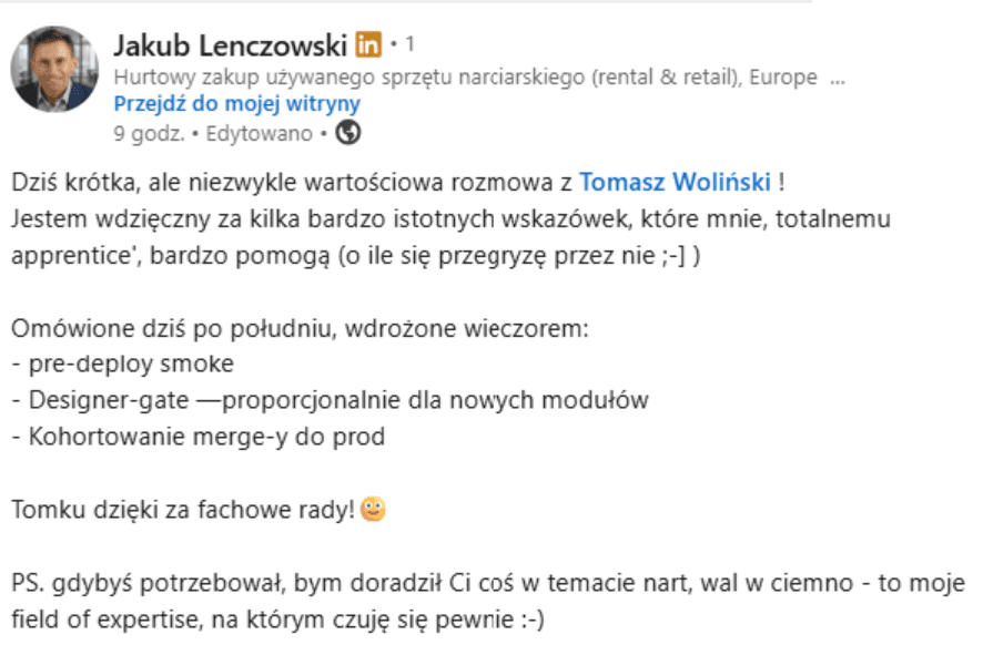 Opinia Jakuba Lenczowskiego o współpracy z Tomaszem Wolińskim – pre-deploy smoke, designer-gate, kohortowanie merge-y do prod