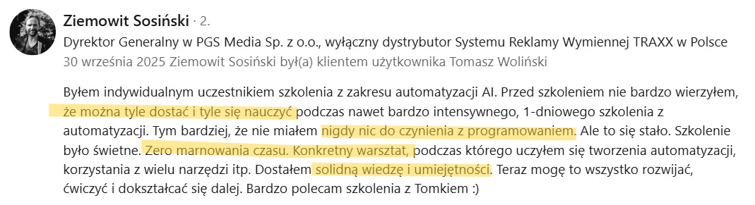 Opinia Ziemowita o szkoleniu z agentów AI