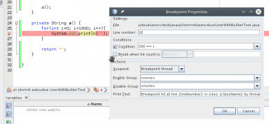 Netbeans breakpoint warunkowy