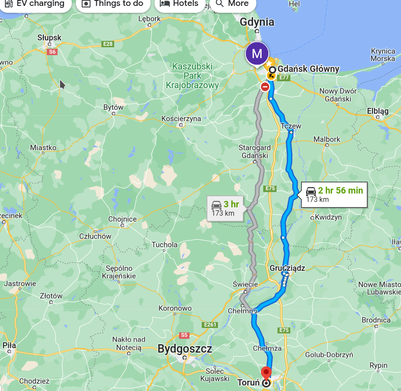 Trasa, google maps, Gdańsk – Toruń