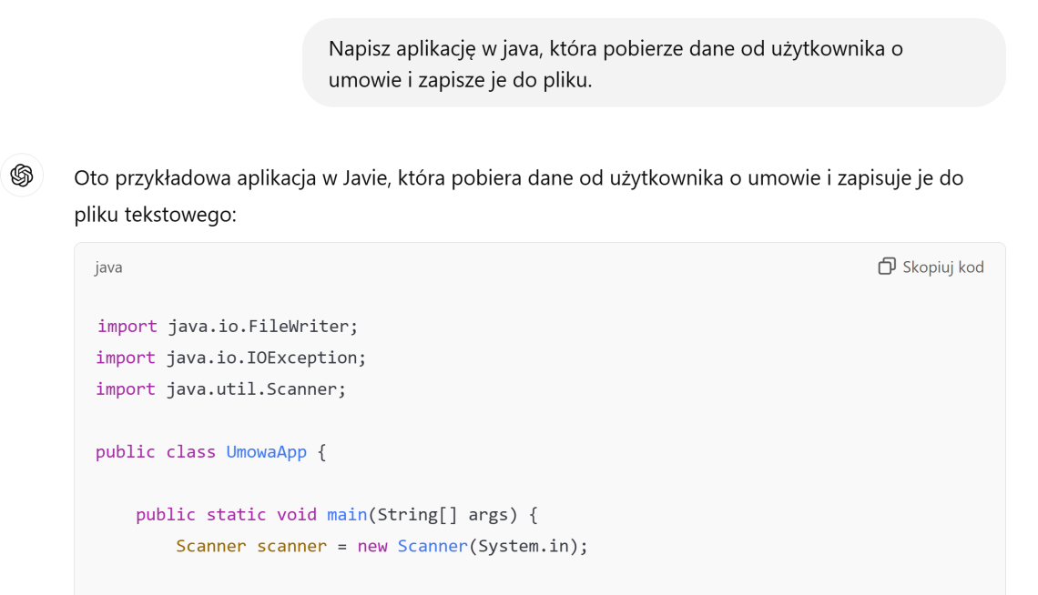 Generatywna sztuczna inteligencja, kod java