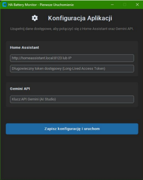 Ekran pierwszej konfiguracji HA Battery Monitor – adres Home Assistant, token dostępowy i klucz Gemini API