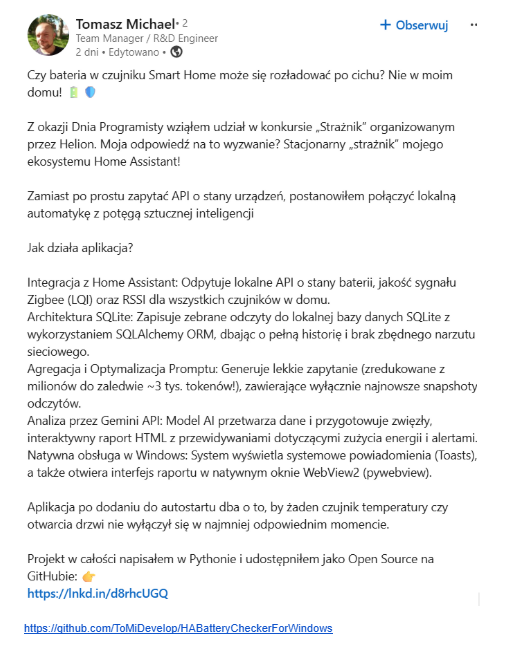 Post na LinkedIn Tomasza o stacjonarnym strażniku ekosystemu Home Assistant