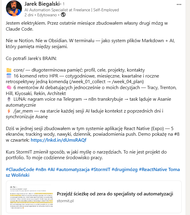 Post na LinkedIn o własnym systemie drugiego mózgu zbudowanym w Claude Code