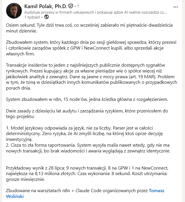 Post na LinkedIn o systemie do monitorowania transakcji insiderów na GPW i NewConnect