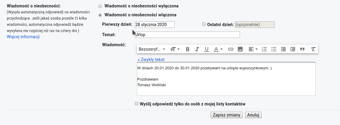 Gmail wiadomości o nieobecności – autoresponder