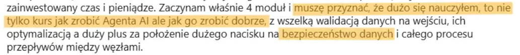 Opinia uczestnika kursu: to nie tylko kurs jak zrobić Agenta AI ale jak go zrobić dobrze – walidacja, bezpieczeństwo danych