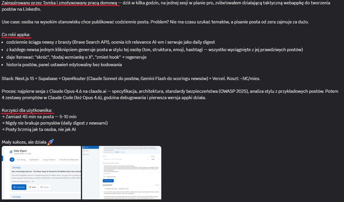 Uczestnik kursu opisuje projekt na Discordzie: stack, efekty, narzędzia